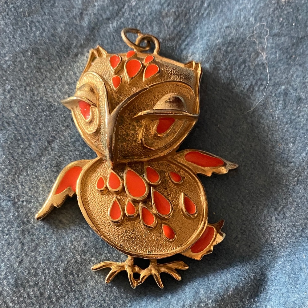 Large Vintage Owl Pendant with Red Accents